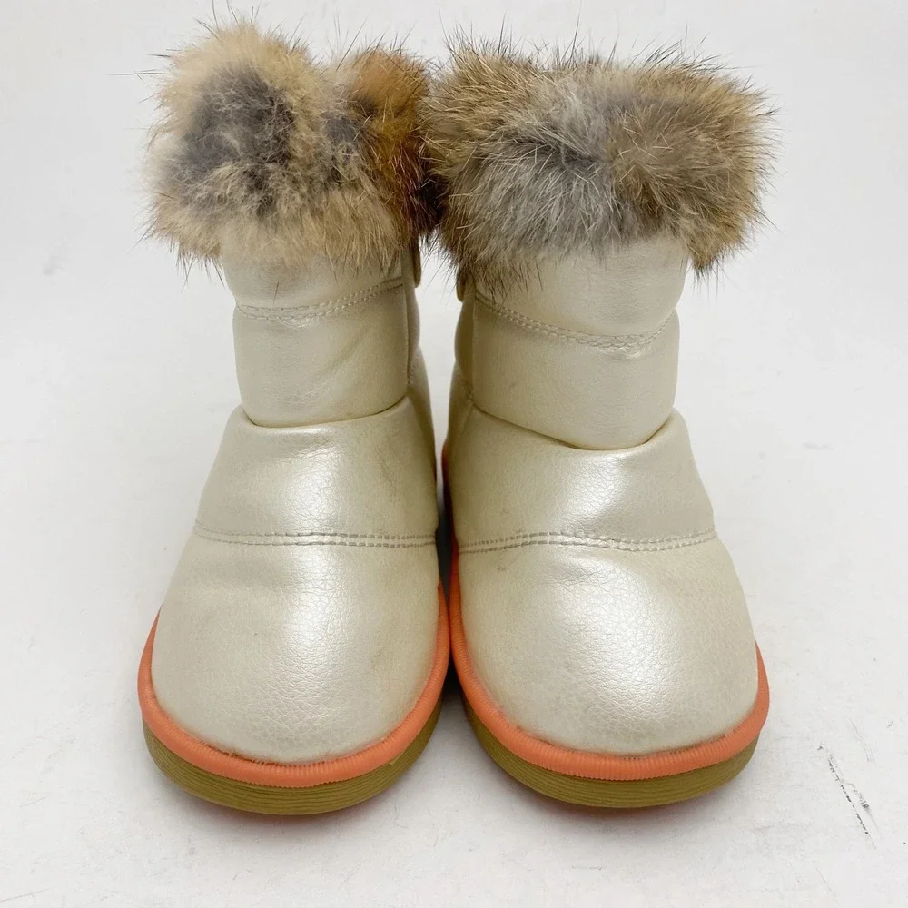 Comfy Kids Metallic Pearl Rabbit Fur Trim Winter Snow Boots‎ Bear Tread Size 25